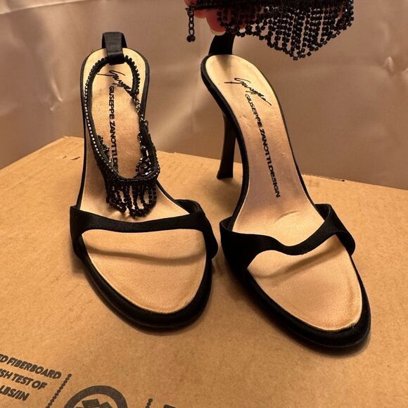 Rare Y2K Giuseppe Zanotti Vicini Black Satin Rhinestone Ankle Strap Heels Italy - Picture 14 of 15